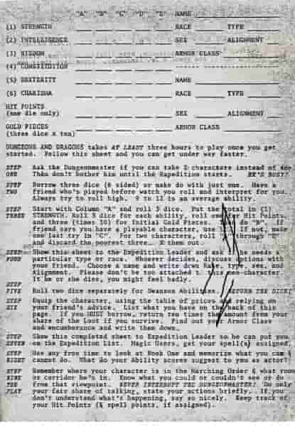 D&D Персонаж Листы были очень разными в оригинальных Dungeons & Dragons