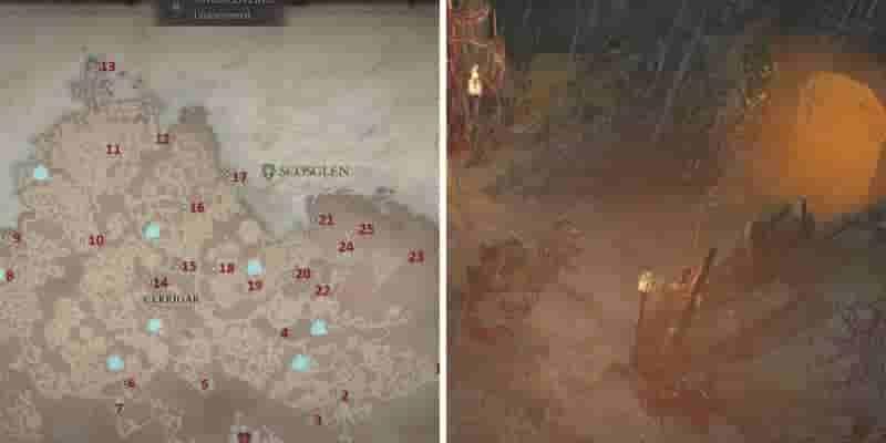 Diablo 4: расположение всех боковых подземелий в Скосглене