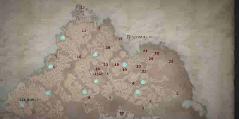 Diablo 4: Расположение всех боковых подземелий в Скосглене